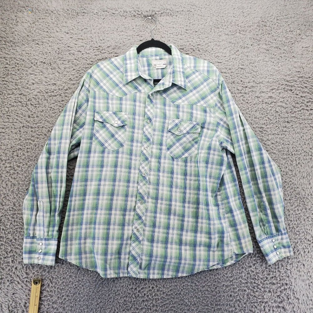 Wrangler Shirt Mens XL Green/Blue Plaid Long Sleeve Western Snap Pockets